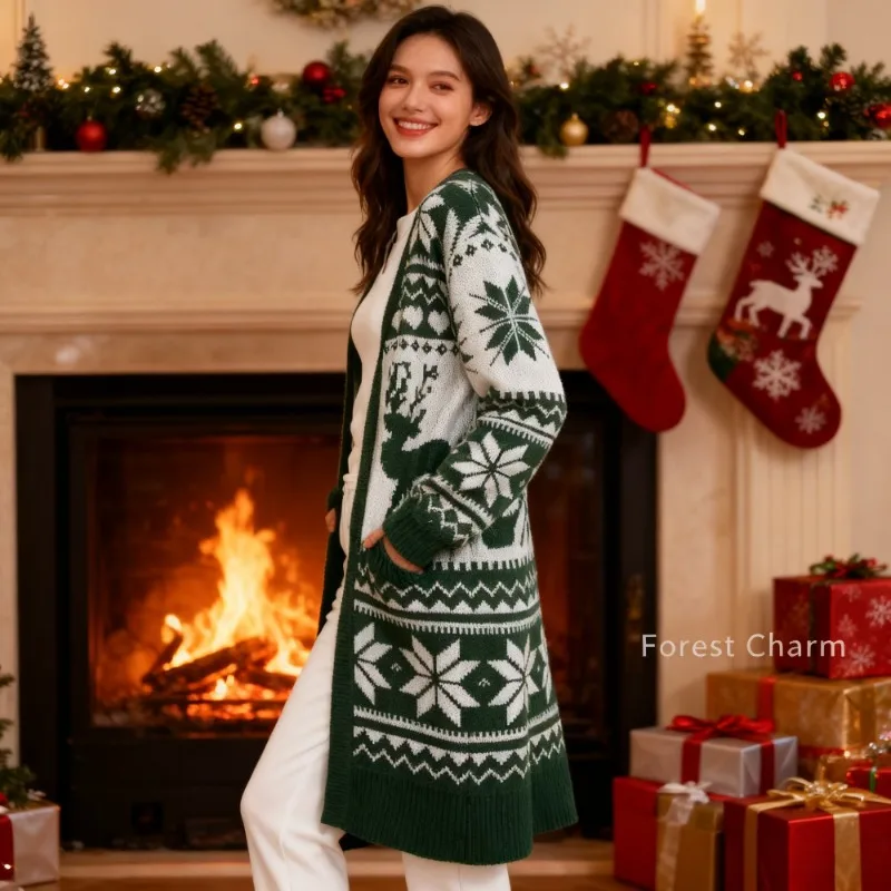 Cardigan brodé de renne et de flocon de neige pour femmes, pull confortable en tricot ouvert sur le devant pour tenue de fête de vacances, nouvel an