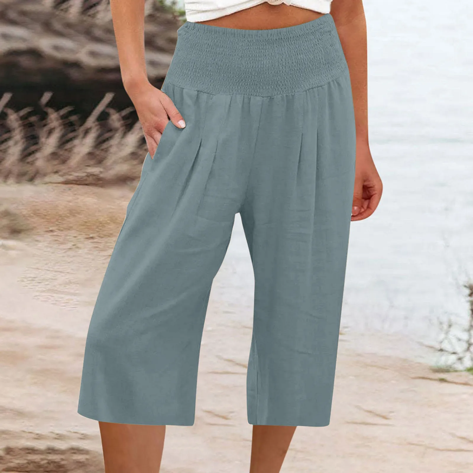 

Cotton And Linen Comfortable Trousers Women's Solid Color Simplicity Elasticated Waist Casual Pants Loose Sports Capri Pants