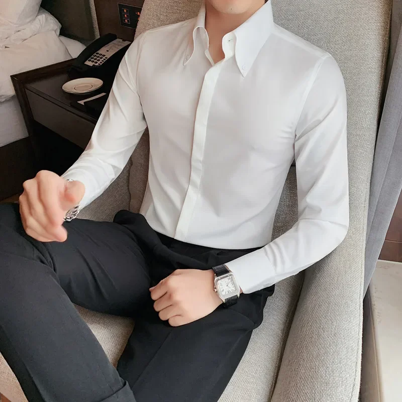 2023 Autumn Solid Concealed Placket Shirts Men Long Sleeve Slim Fit Social Shirt Male High Quality Business Casual Prom Tuxedo