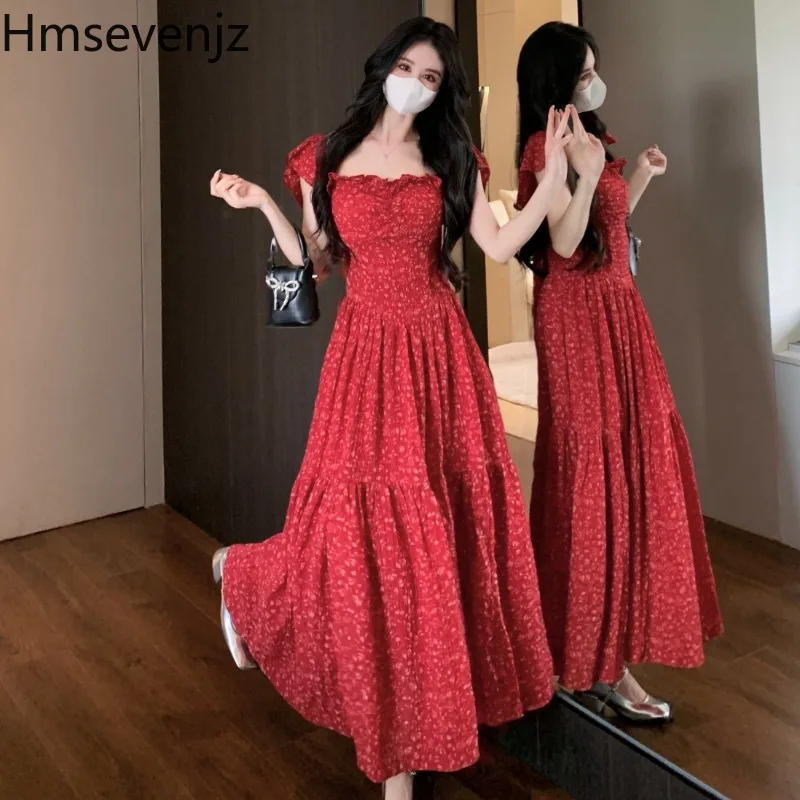

French Square Collar Floral Dress for Women's Summer Vacation Style Flying Sleeves Slim Fit A-line Long Dress Female Clothes