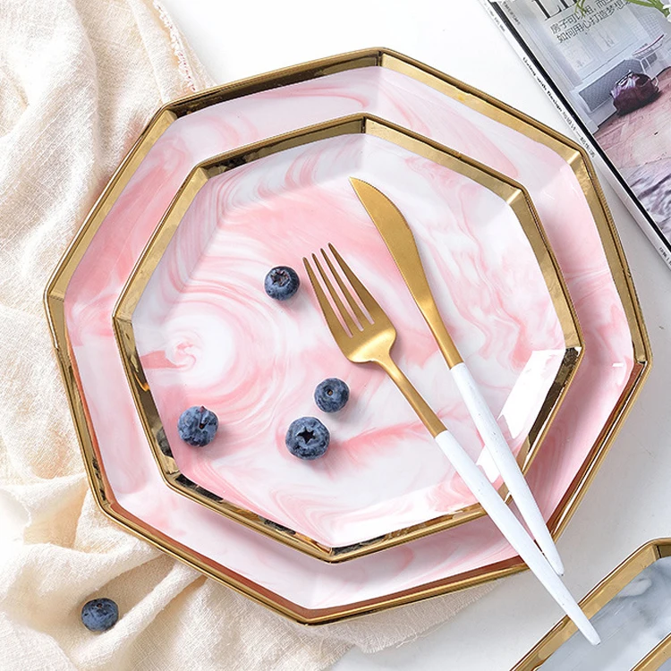 Unique Shape Tableware Marble Gold Rimmed Fine Bone China Nordic Dinnerware Set Custom Made Rustic Ceramic Dinnerware Sets