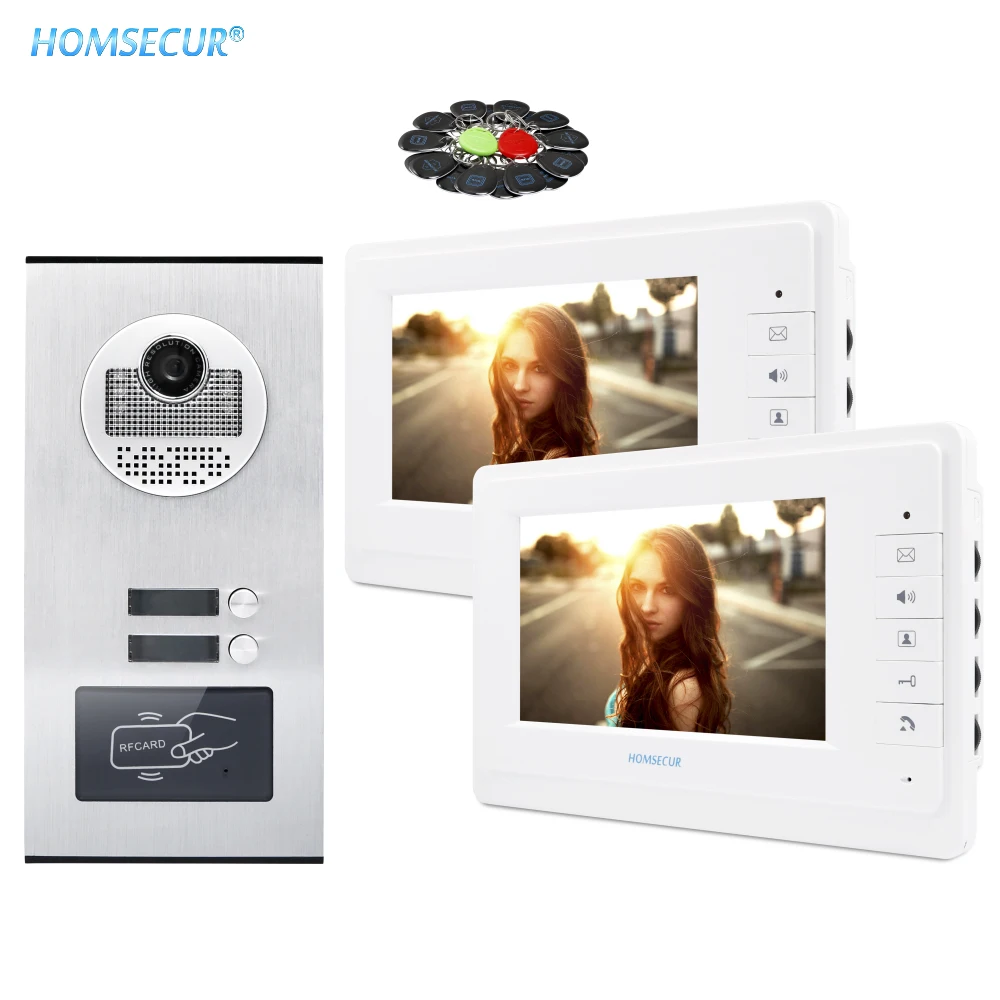 

HOMSECUR 4 Wire Hands-free 7" Video Door Phone Intercom System Flush Mount Doorbell Camera RFID Unlock Access for 2 Flats