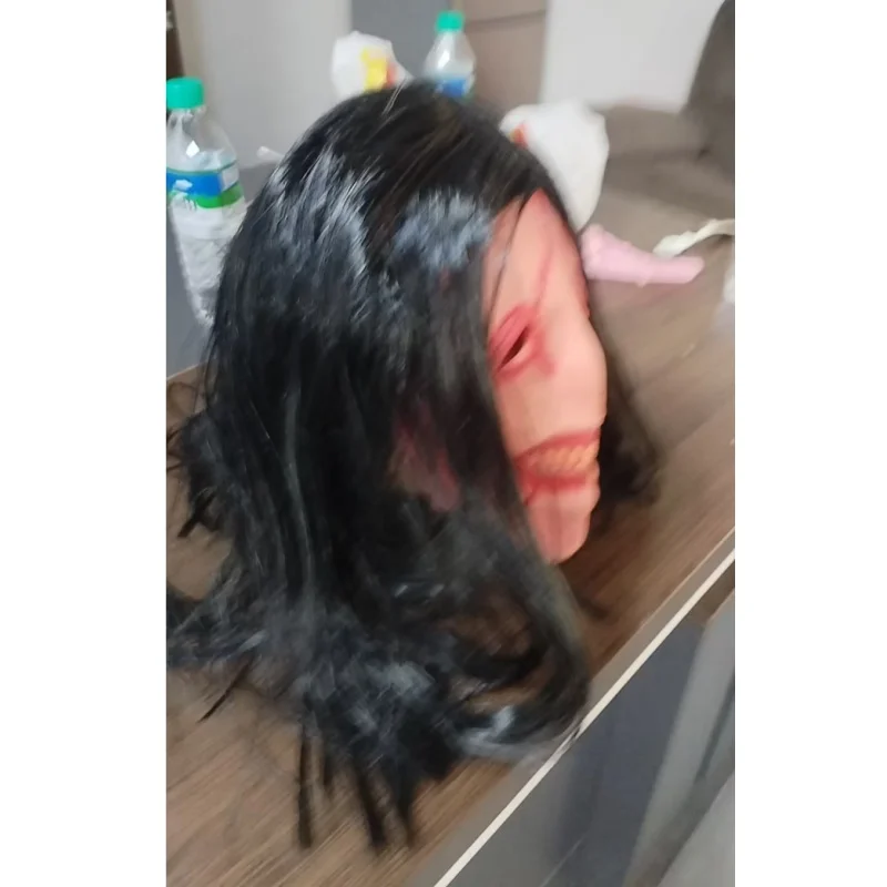 Masque de démon visage rouge d'halloween avec cheveux longs, accessoire de Costume diable effrayant en Latex, dents défendues, accessoire de Cosplay de fête pour adultes