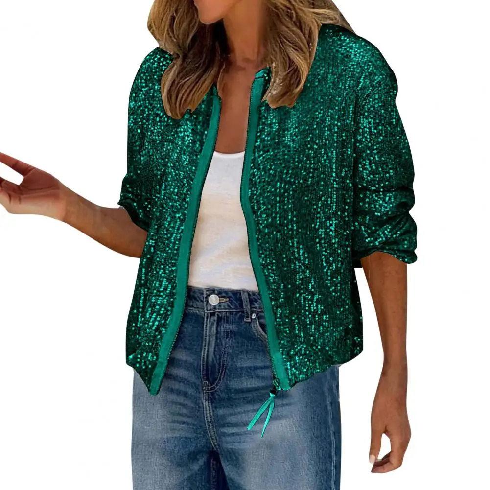 Stage Sequin Coat Spring Autumn Jacket for Women Sequin Glittering Lady Coat with Zipper Closure Long Sleeves Short for Women