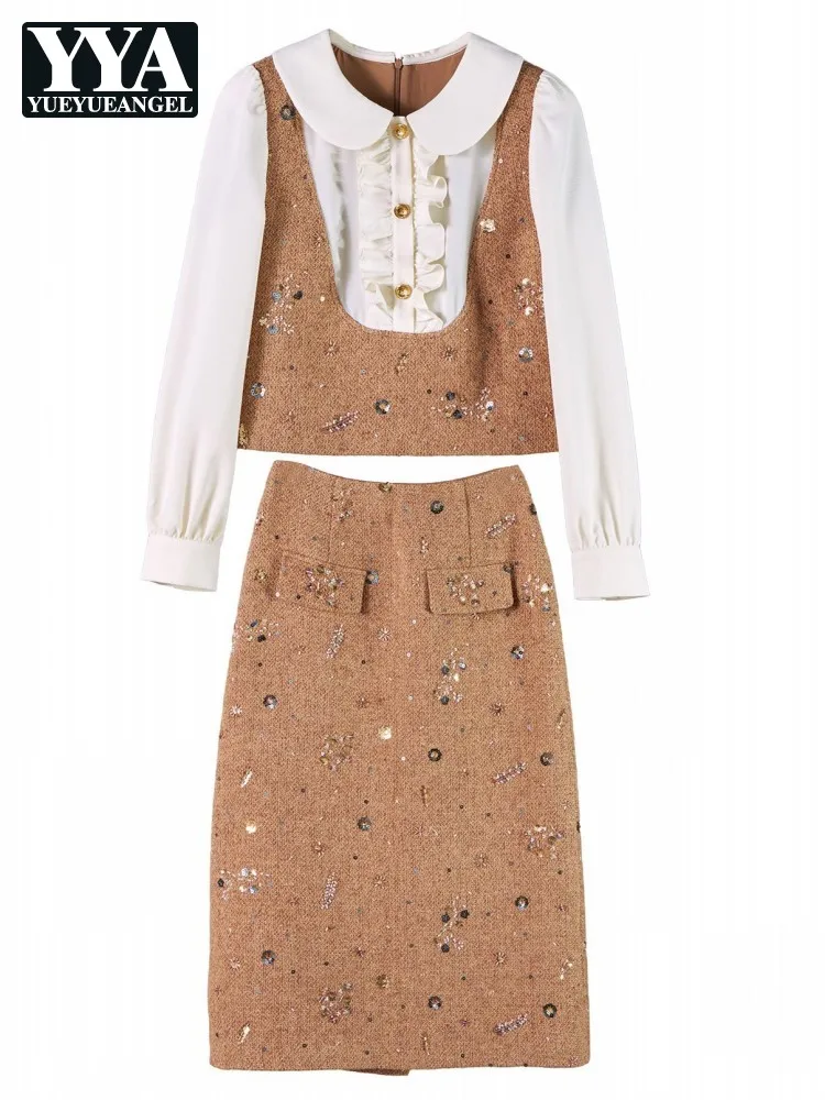 Ladies Turn Down Collar Long Sleeves Shirts Straight Skirt Two Piece Set Fashion Solid Color Zipper Matching Sets