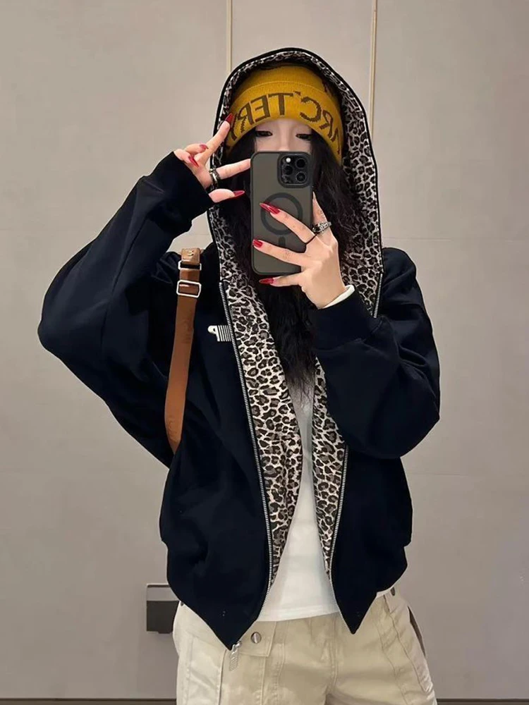 

Jmprs леопардовые ретро американские толстовки женские свободные хип-хоп уличная одежда Y2K толстовки винтажные осенние топы с длинными рукавами и надписью Bf