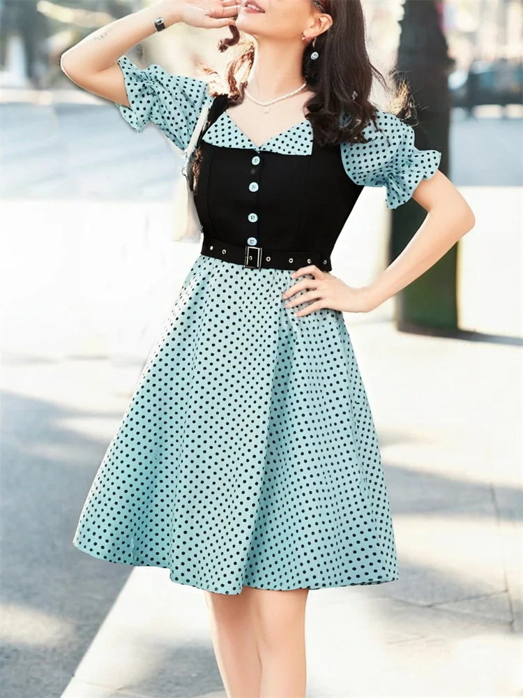 Vestido informal de verano con estampado de lunares para mujer, vestido elegante de manga corta con corte en A, para uso diario y de oficina, estilo años 50, con cinturón