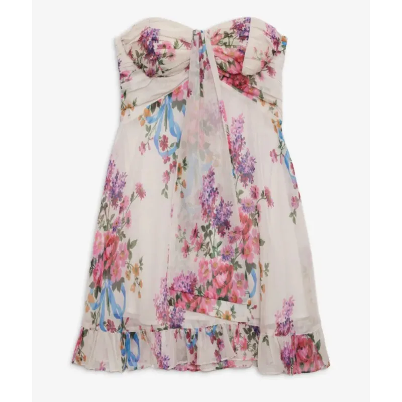 2025 Summer French Style Chiffon Mini Dress Women's Elegant Floral Print Backless Short Dresses Casual Streetwear Boho Vacation