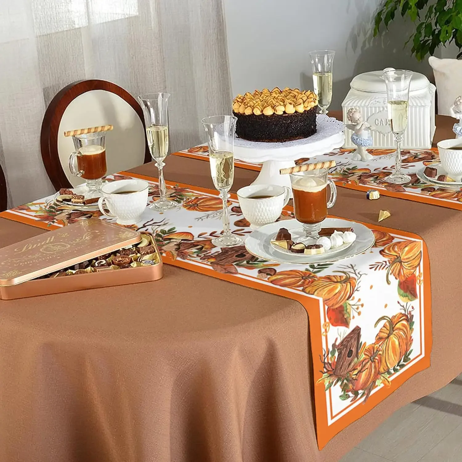1Pc Autumn Pumpkin Birdhouse Print Table Runner Orange Harvest Theme Table Cover For Dining Room Kitchen Party Decoration Tablet
