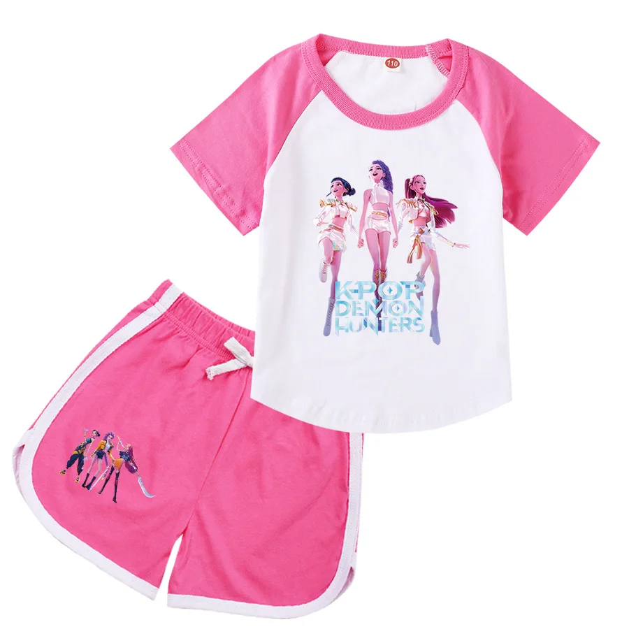 

Kpop Demon Hunter Clothes Kids Summer Set for Boys O-neck Soft Short Sleeves and Shorts 2pcs Suits Toldder Girls Sportsuits