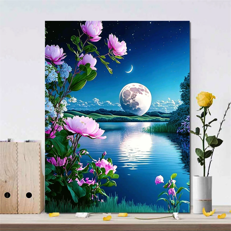 Moonlight purple flower Landscape Exquisite Diamond Painting full Rhinestone Mosaic Embroidery lake Cross Stitch Home Decoration