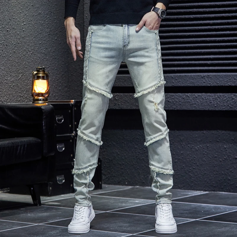 American High Street Jeans Men's Vintage Washed Frayed Casual Fashion Stitching Trendy Slim Stretch Straight Trousers