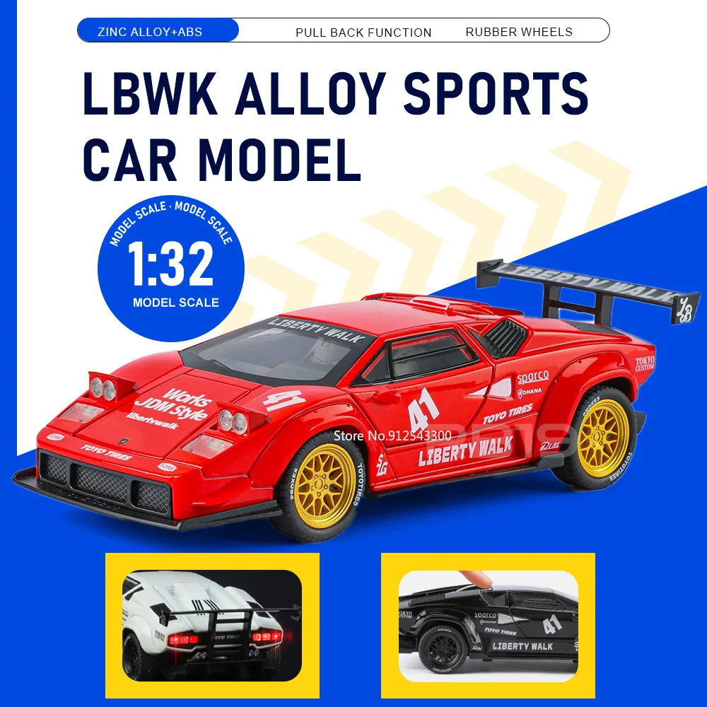 1:32 Scale Countach LBWK Huracán Model Car Toy Doors Opened Sound Light Cars Pull Back Rubber Tires Supercar Holiday Party Gifts