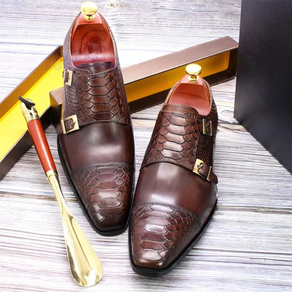 الرجعية مزدوجة زر مقنعين أحذية أسود براون الأعمال أحذية من الجلد عادية جلد طبيعي الراهب أحذية للرجال حجم 38-47 #2