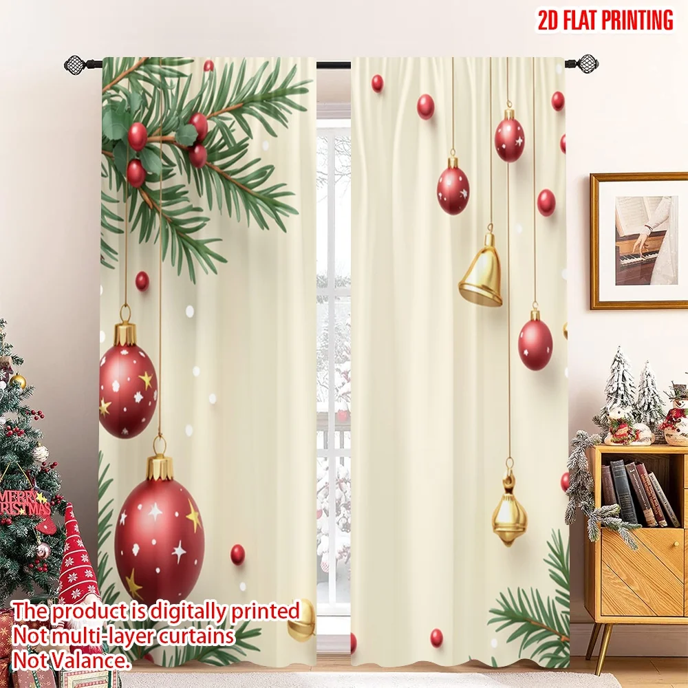 

2pcs 2D flat printing Merry Christmas Scene Curtains Golden Christmas Ornaments Bells 100% Polyester Without Electricity Festive