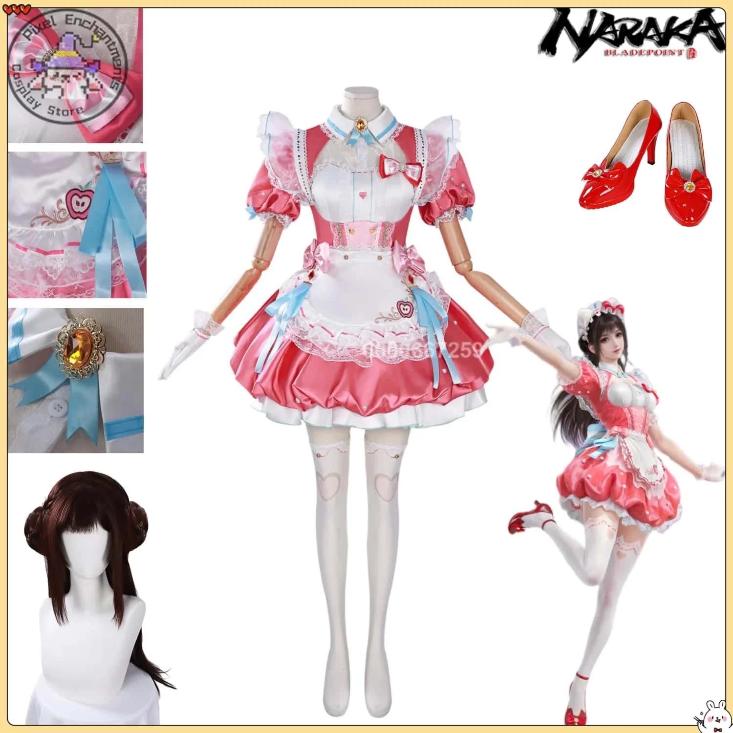

Game Naraka: Bladepoint Hu Tao Cosplay Costume Anime Fashion Clothes Pink Lolita Dress Wig Shoes for Women Halloween Role Play
