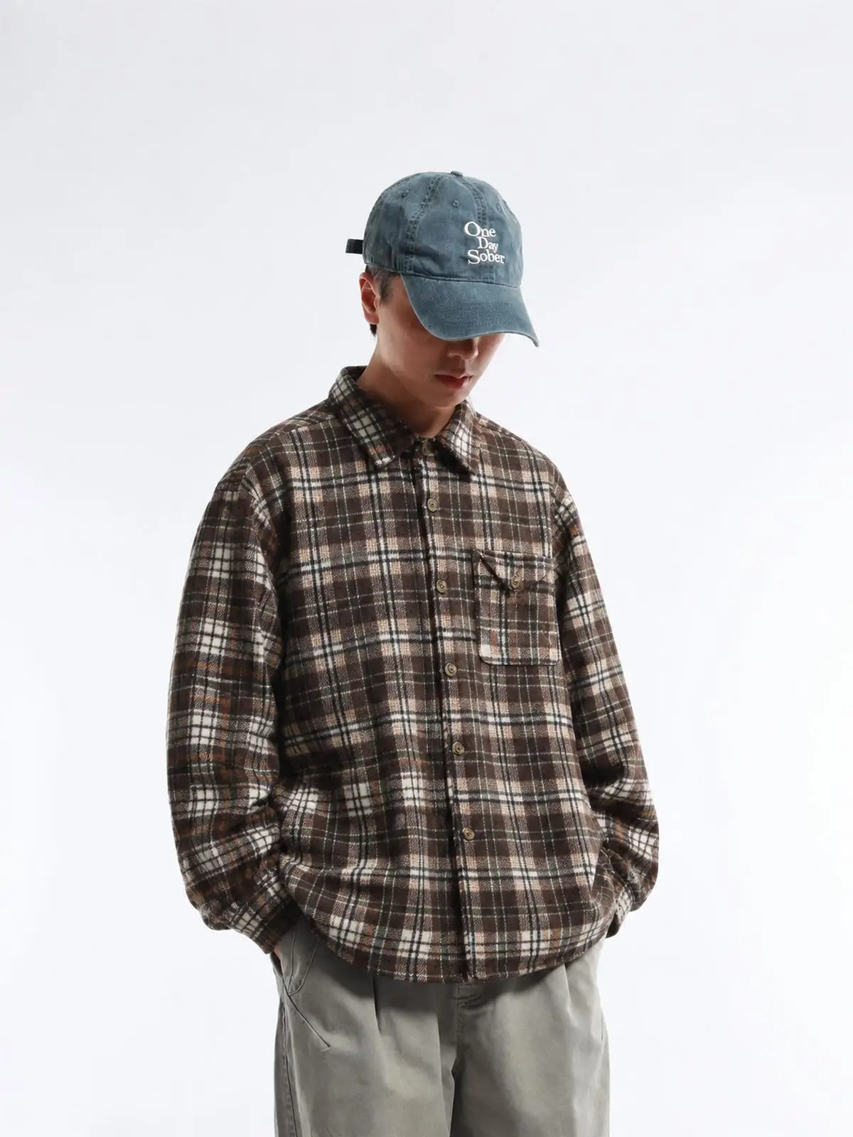 Winter Vintage Heavyweight 500g Plaid Shirt Men's Long Sleeve Loose Casual Versatile Shirt Brown Plaid Jacket Polyester