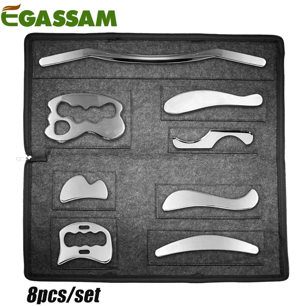 

EGASSAM 8Pcs Stainless Steel Gua Sha Scraping Massage Tool Set IASTM Tools Great Soft Tissue Mobilization Tool