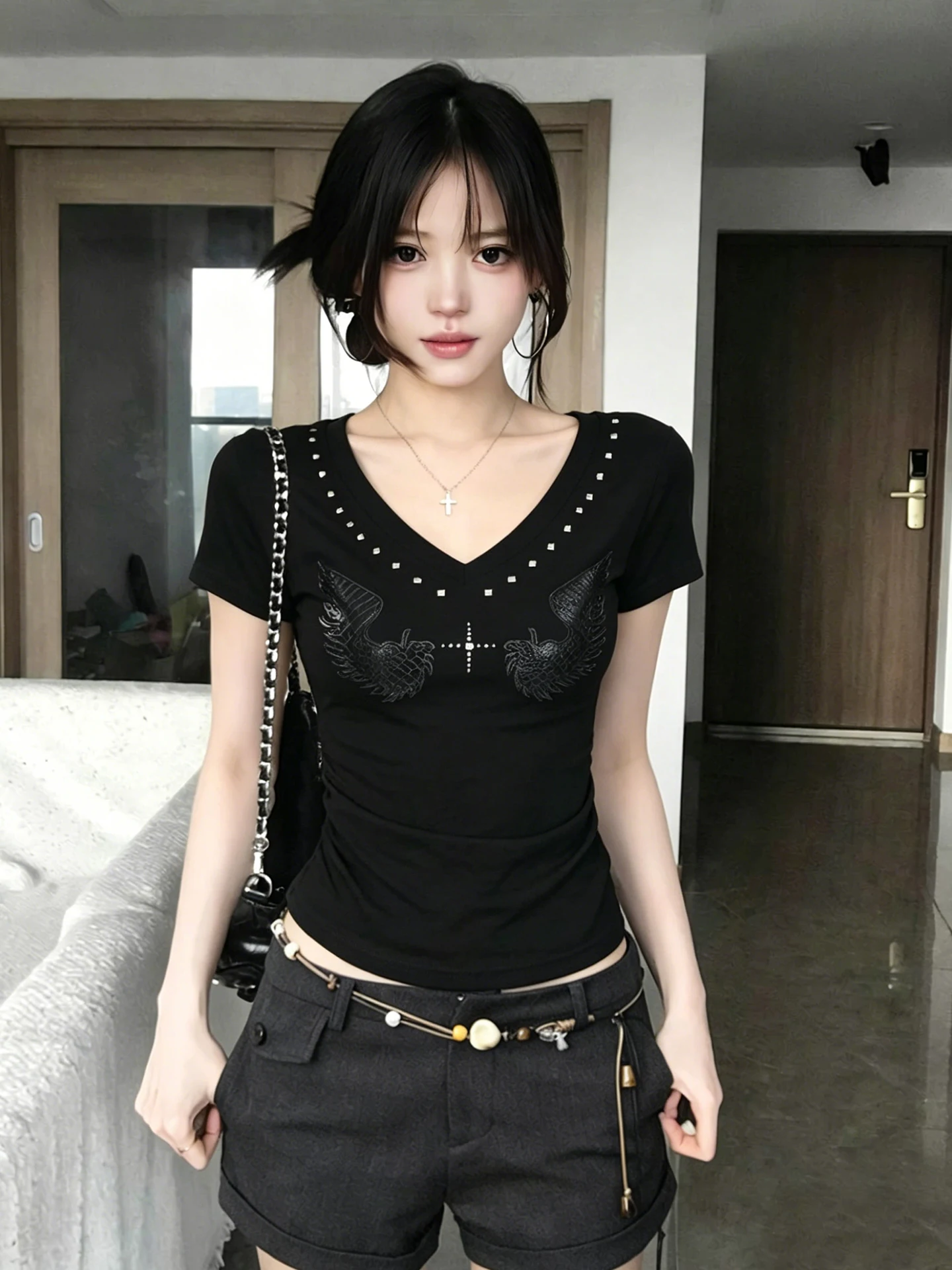 American Style Embroidered Wings Rivet V-Neck Short Sleeve T-Shirt Women's Summer Slimming Fashion Brand Top City Walk Travel