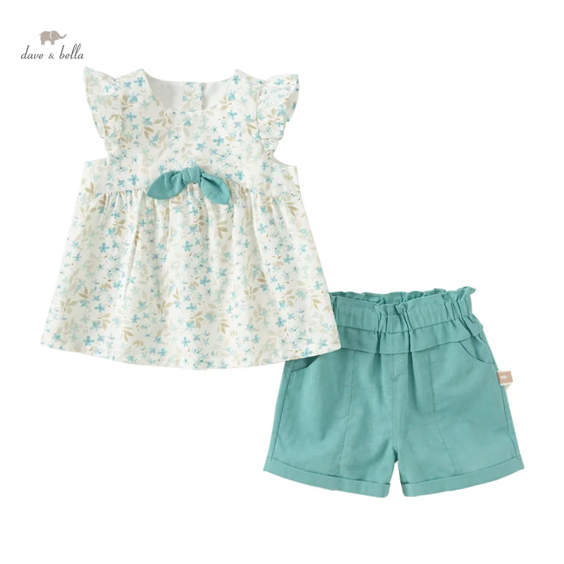 Dave Bella 2024 New Summer Children Girls Baby Two-Piece Floral Print Shorts Set Flying Sleeves Sweet Lovely Casual DB2241708