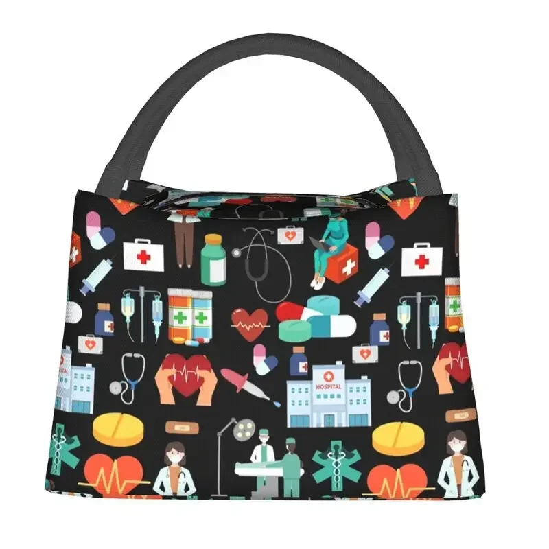 Nurse Themed Pattern Insulated Lunch Bags for Women Resuable Nursing Cooler Thermal  Box Work Picnic Shoulder Bag