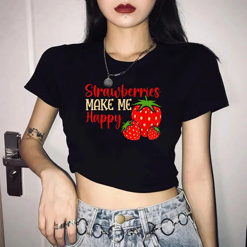 

Punk Creative Strawberry Pattern Printing T-Shirts for Women Gothic Slim Versatile Tees Fashion Y2k Harajuku Aesthetics Crop Top