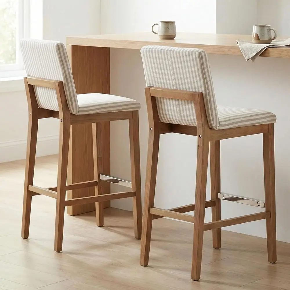 Set of 2, 30 Solid Wood Bar Height Stool Chairs with Back, Khaki Stripe