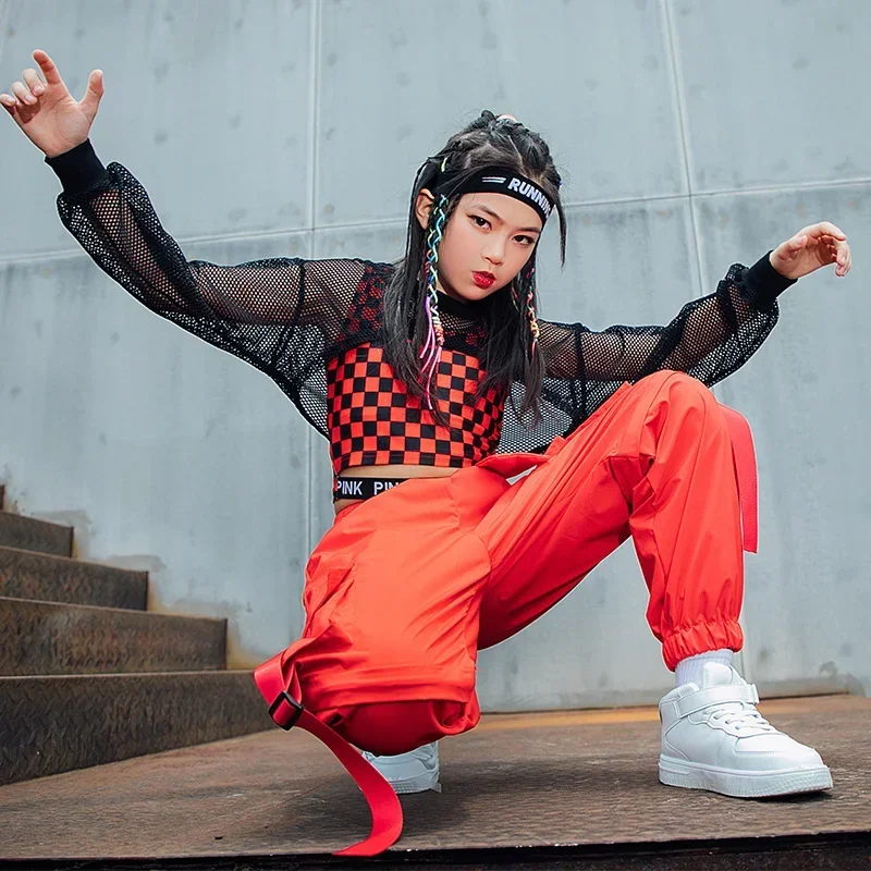 Kids Hip Hop Street Dance Costume Red Lattice Vest Loose Cargo Pants Net Tops for Girls Clothes Jazz Show Stage Outfit