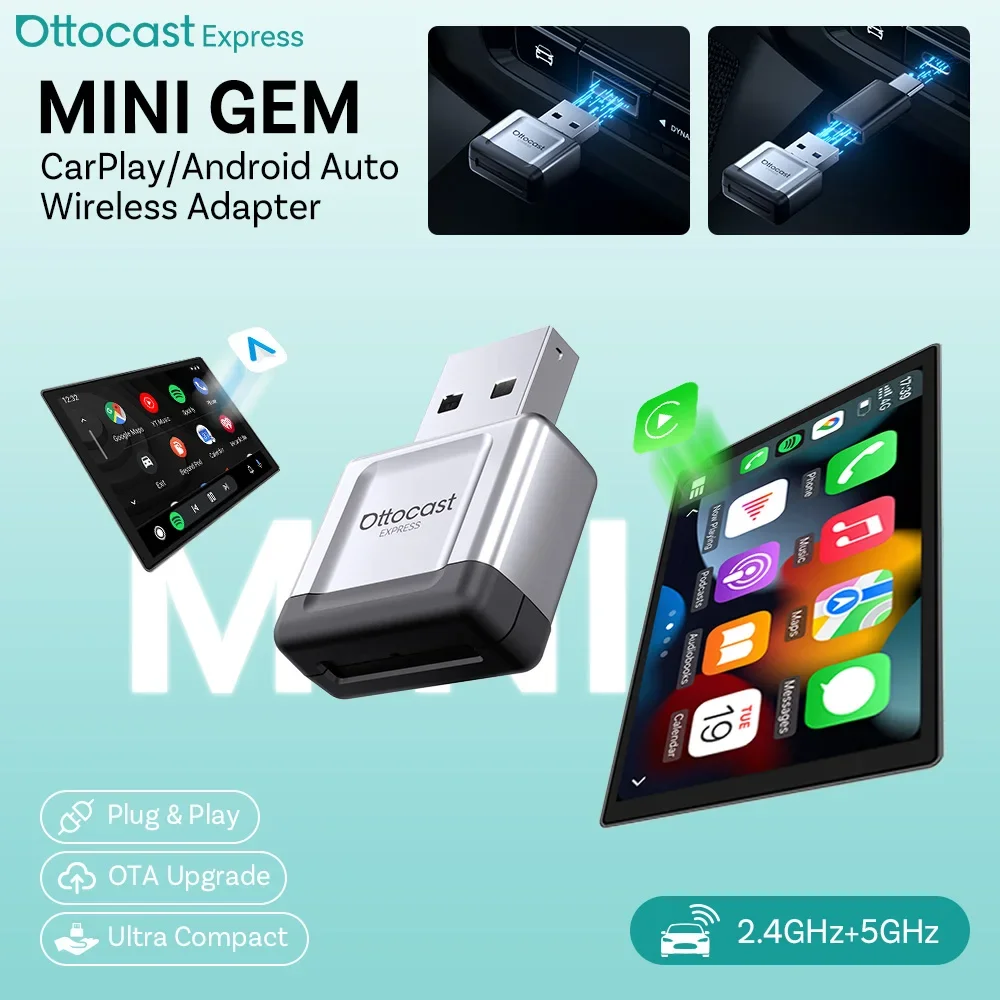 OTTOCAST Express MINI Gem Adapter 3.0 Wireless CarPlay Android Auto Dongle WiFi Bluetooth Car Accessories for Ford Toyota VW Kia