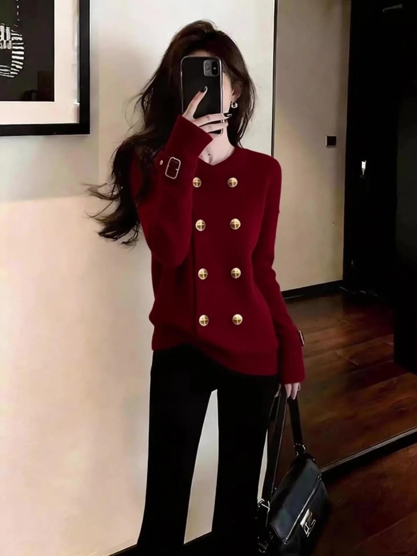 

American Retro Sle Wine Red Double Button Knitwear Long Sve Faionable Versatile Commute Top Winter New Arrival