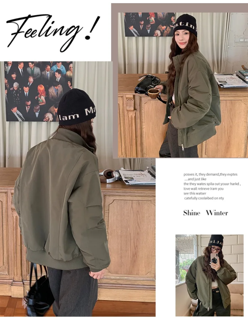 

Retro Bomber Jacket Military Green Workwear Women Quilted Coat Loose-fitting Cotton Jacket with Ribbed Cuffs for Wind Protection