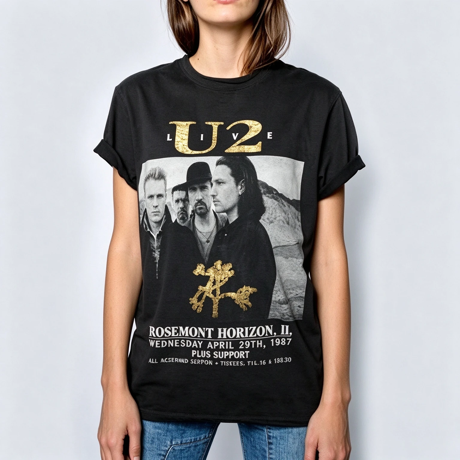 U2 Live 1987 Rosemont Concert Poster T Shirt Unisex Men Women Vintage Rock Band Graphic Cotton Short Sleeve O-neck Fan Tops