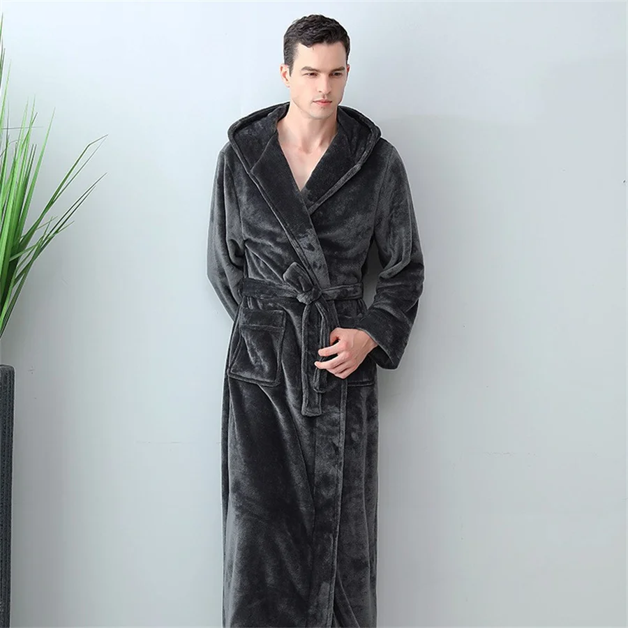 Men\'s Winter Bathrobe Hooded Robes Long Sleepwear Warm Plush ShawlShower Robe Night Gown Homewear Pajama Man Clothes for Sleep