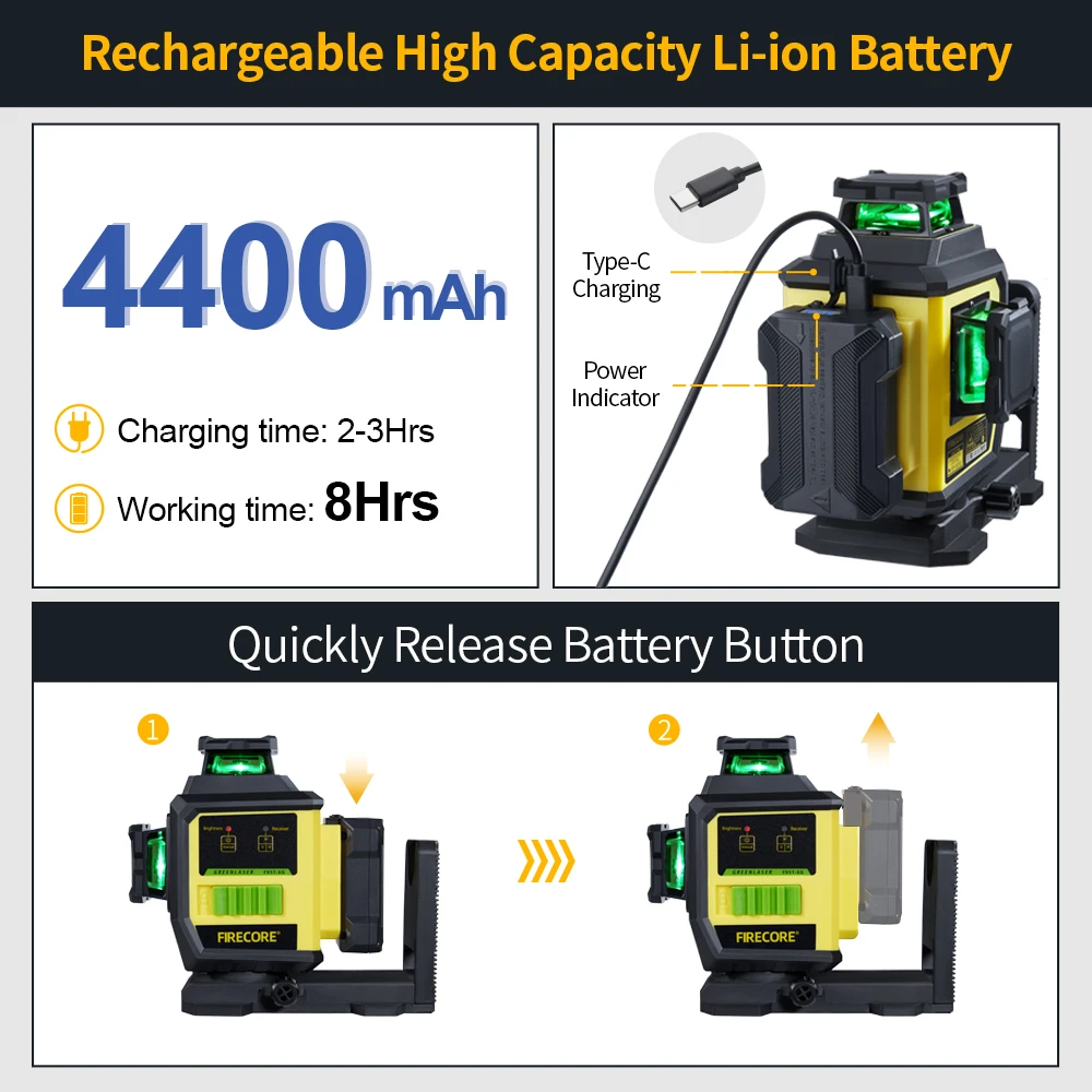 FIRECORE F95T-XG 12 Line 3D Green Laser Level 360 Rechargeable Li-ion Battery Self-Leveling nivel láser Integrated L-Bracket