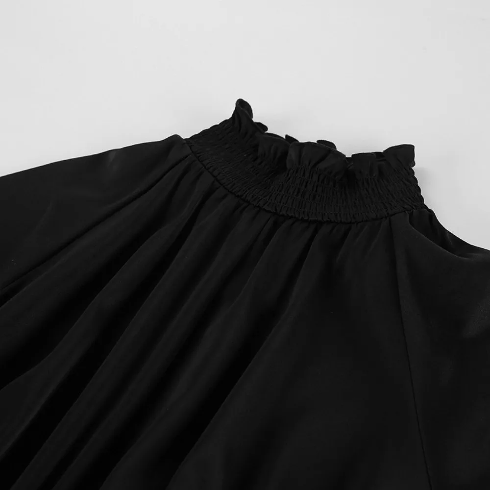 Luxury Black Tone Women Midi Dress Fall Season Long Sleeve A‑Line Skirt Waist Taper Drape Detail Ladies Party Gown Daily Outing