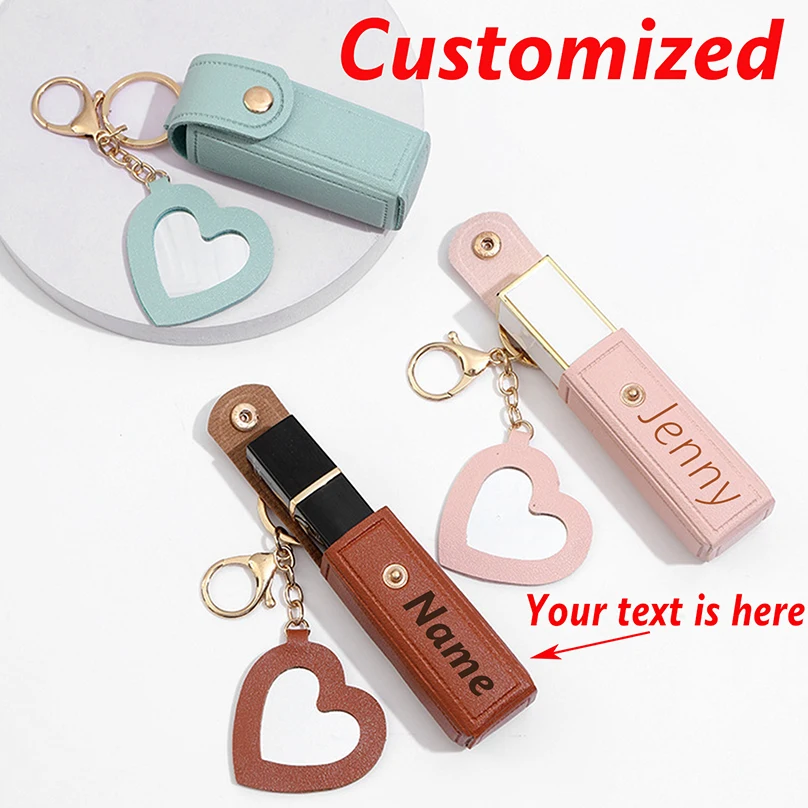 Portable Custom Name Keychain Mini Personalized Text Lipstick Bag Makeup Mirror PU Leather Girl Gift Customized Name Coin Purse