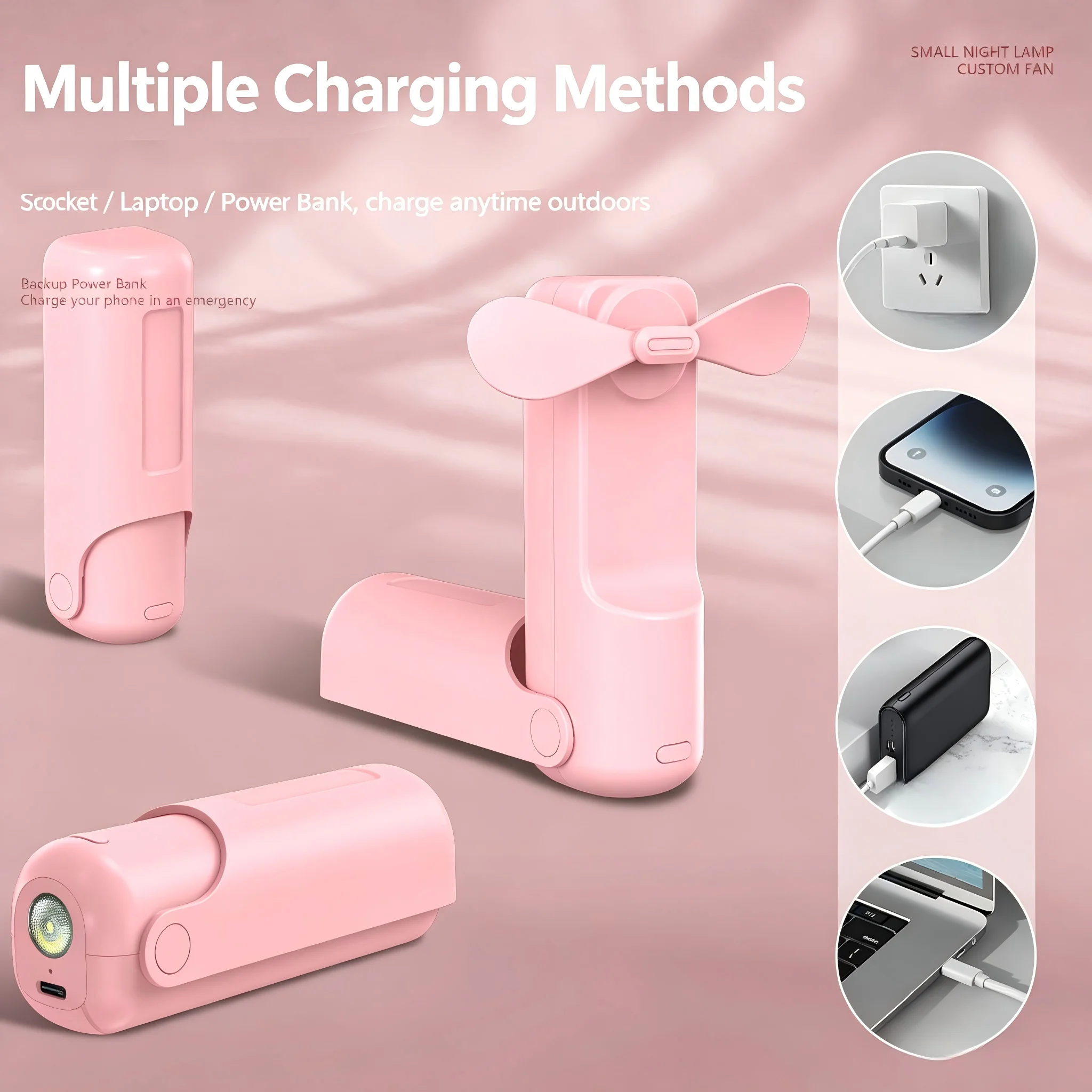 New Handheld Small Fan Portable Mini Charging Folded Fan LED Lighting Phone Holder