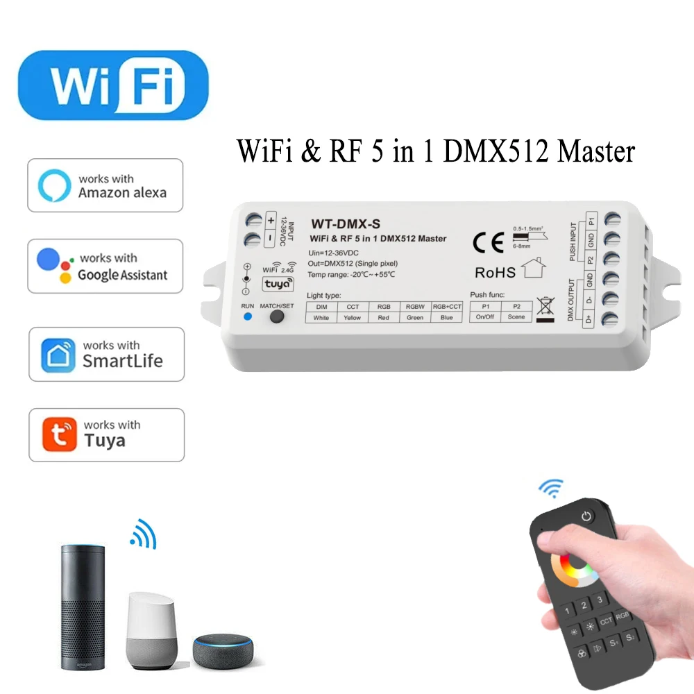 TUYA WiFi RF DMX512 Master 5CH Wyjście sygnału DMX 8-bitowy 16-bitowy z funkcją ściemniania Push Smart Control 4-strefowy pilot zdalnego sterowania