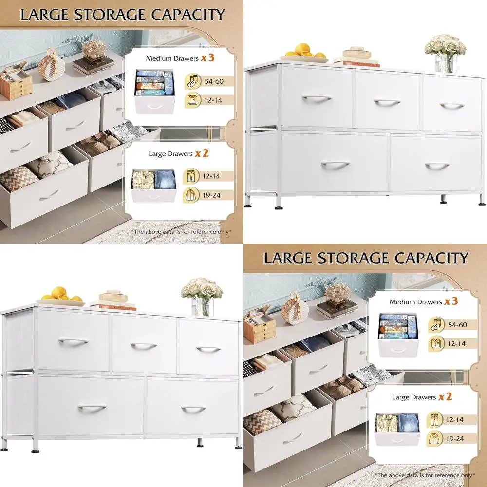 5-Drawer Bedroom Chest with Fabric Drawers, Storage Organizer Unit, White
