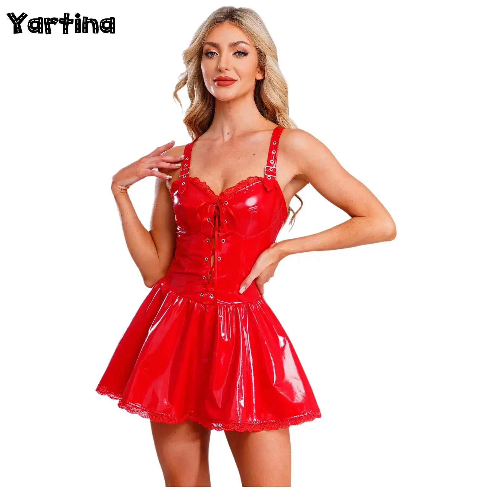 Damen-Kleid aus glänzendem PU-Leder, Latex, Häschenmädchen-Cosplay-Kostüm, vorne, Schnürung, floraler Spitzenbesatz, A-Linien-Kleid, Raves, Party, Clubwear
