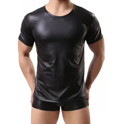 Plus Size Mens Leather T-shirt Short Sleeve Tees Male Shaping Blouse