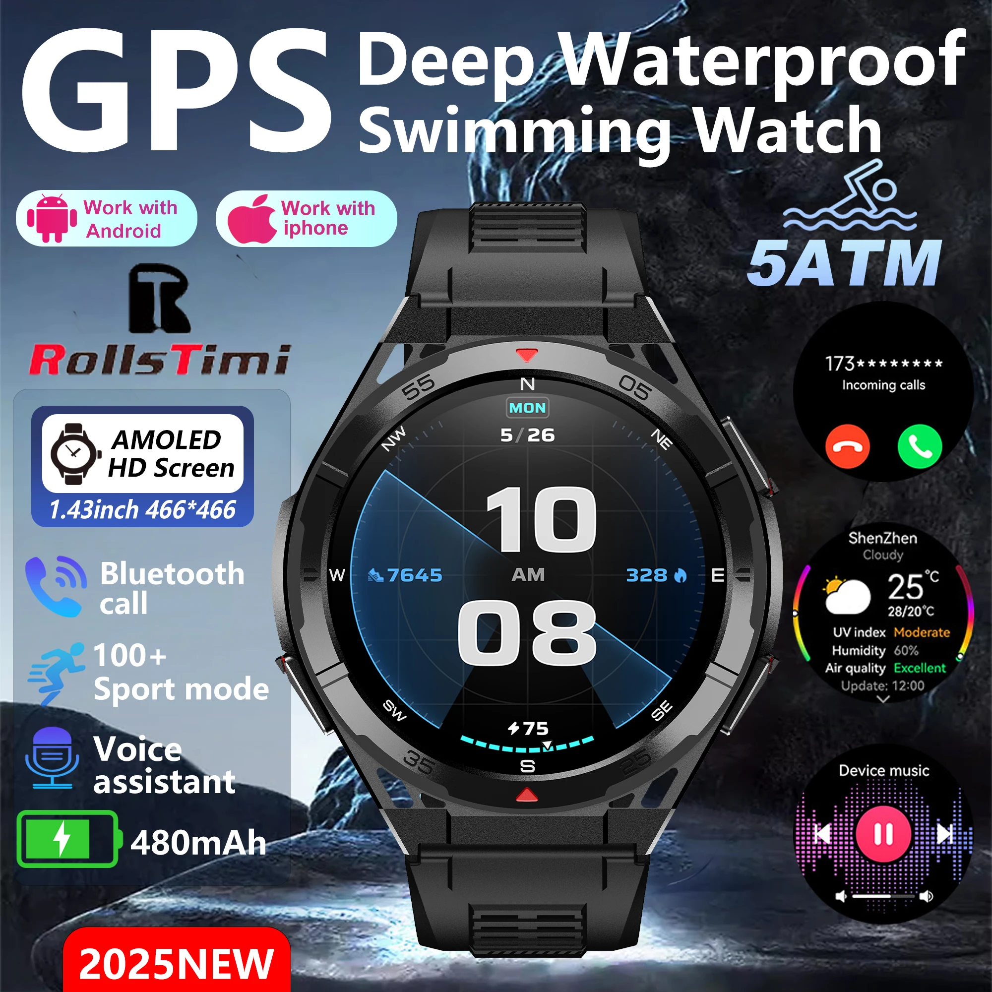 2026 new smart watch 1.43-inch high-definition AMOLED screen supports Bluetooth calls, GPS positioning, health monitoring
