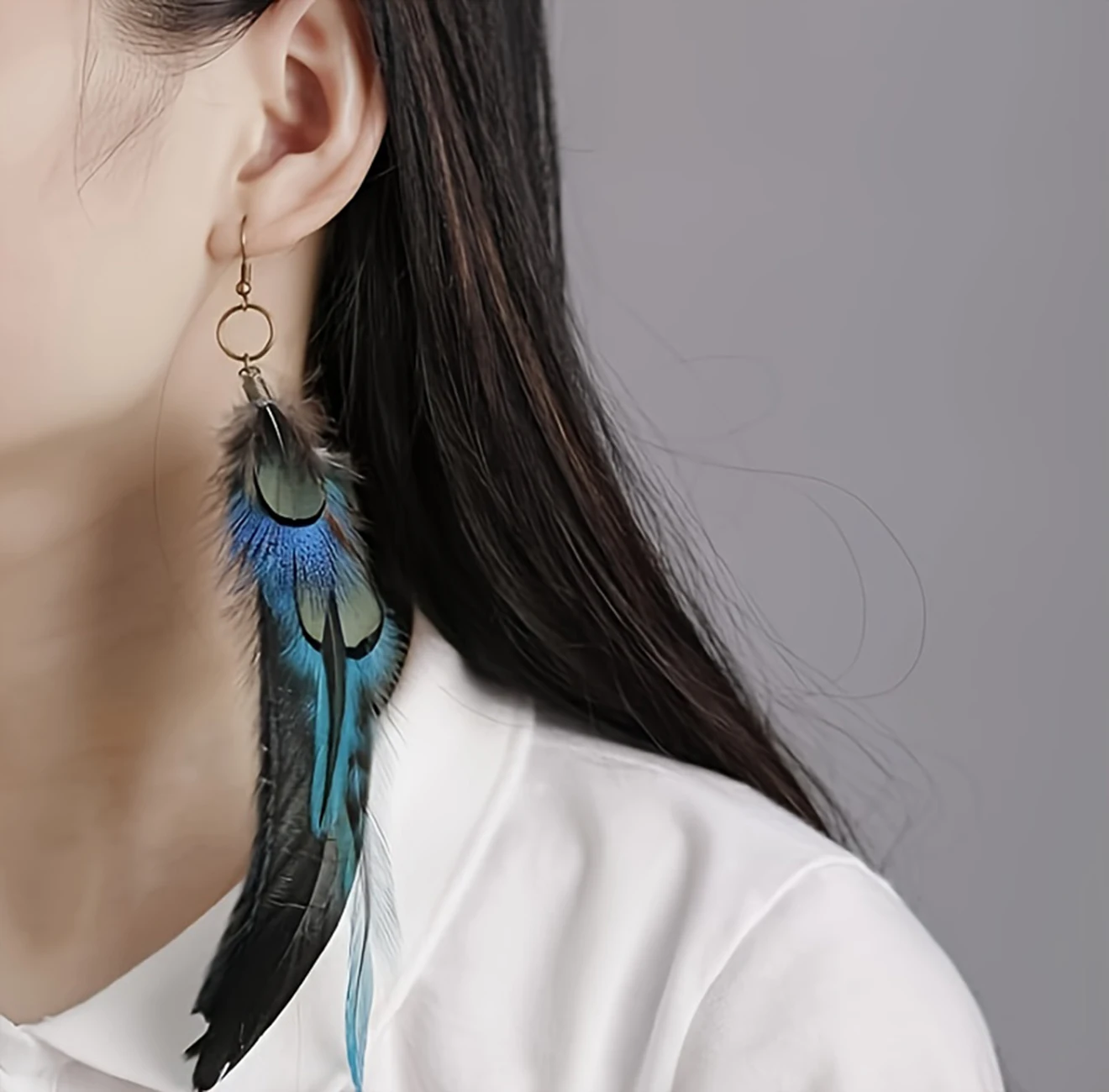 Bohemian ethnic style earrings, antique copper feather alloy ear hooks, women\'s long jewelry