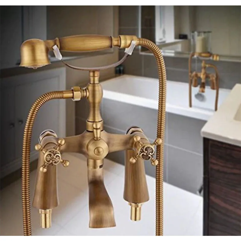 

Antique Bathroom Bathtub Shower Faucet Solid Brass Gold Shower Set Black Wall Mounted 2 Handle Shower Taps