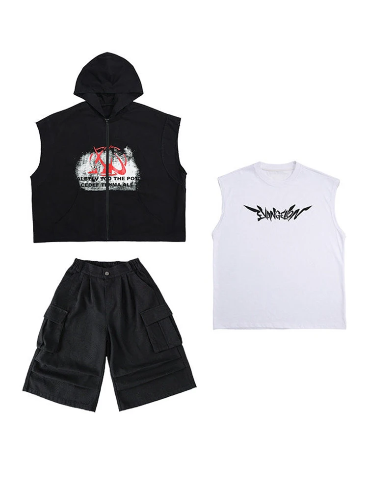 Boys Street Dance CLothing Fashion Black Hooded Sleeveless Tops Shorts Summer Kids Hip Hop Practice Performance Outfit BL19600