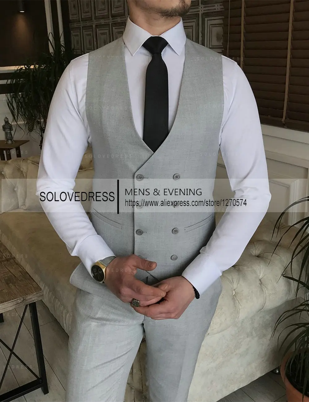 2 Pieces Men's Vest+Pant Business Double Breasted Regular Fit Notch Lapel Plaid Wool Prom Tuxedos For Wedding  (Vest+Pants)