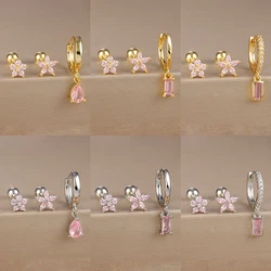 3pcs Stainless Steel Square Pink Zirconia Earrings Set For Women Small Helix Screw Cartilage Piercing Party Jewelry Accessories