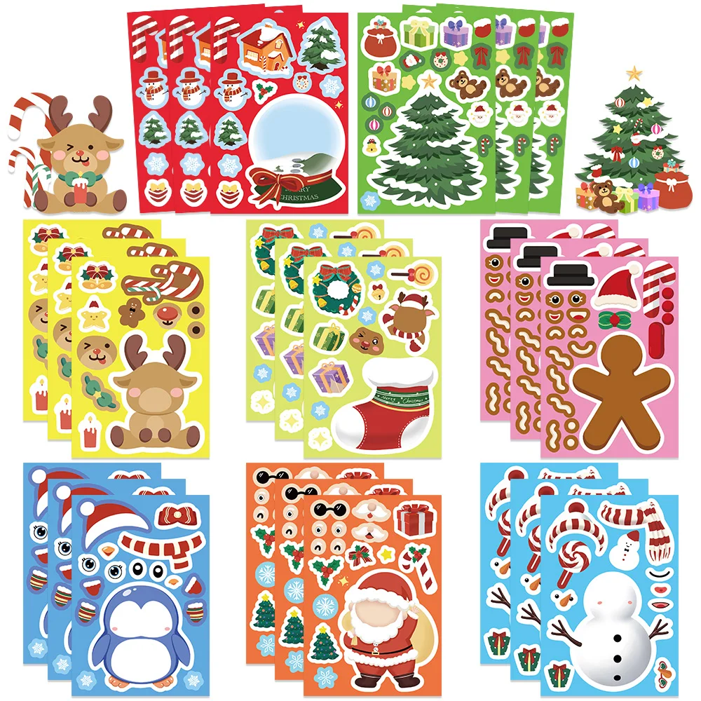 32Sheets Cartoon Christmas DIY Puzzle Stickers Dress Up Game Cute Snowman Assemble Decals Kids Girls Boys Teen Festival Gift