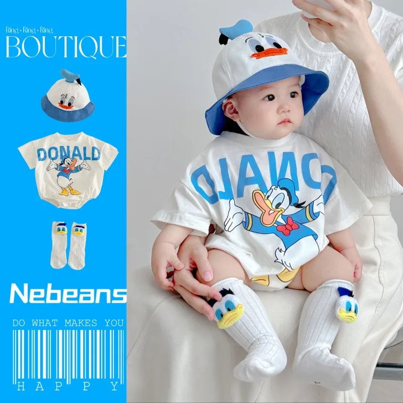 

Spring Newborn Baby Rompers Sock Hat 3pcs Set Disney Cartoon Donald Daisy Duck Clothes Kids Jumpsuit Infant Long Sleeve Bodysuit