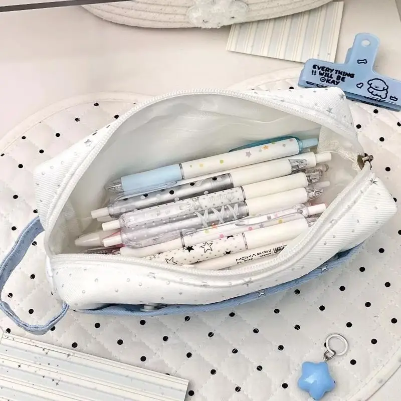 Fashion Polka Dot Stars Handheld Pencil Case Portable Large Capacity Storage Pen Bag Student School Office Stationery